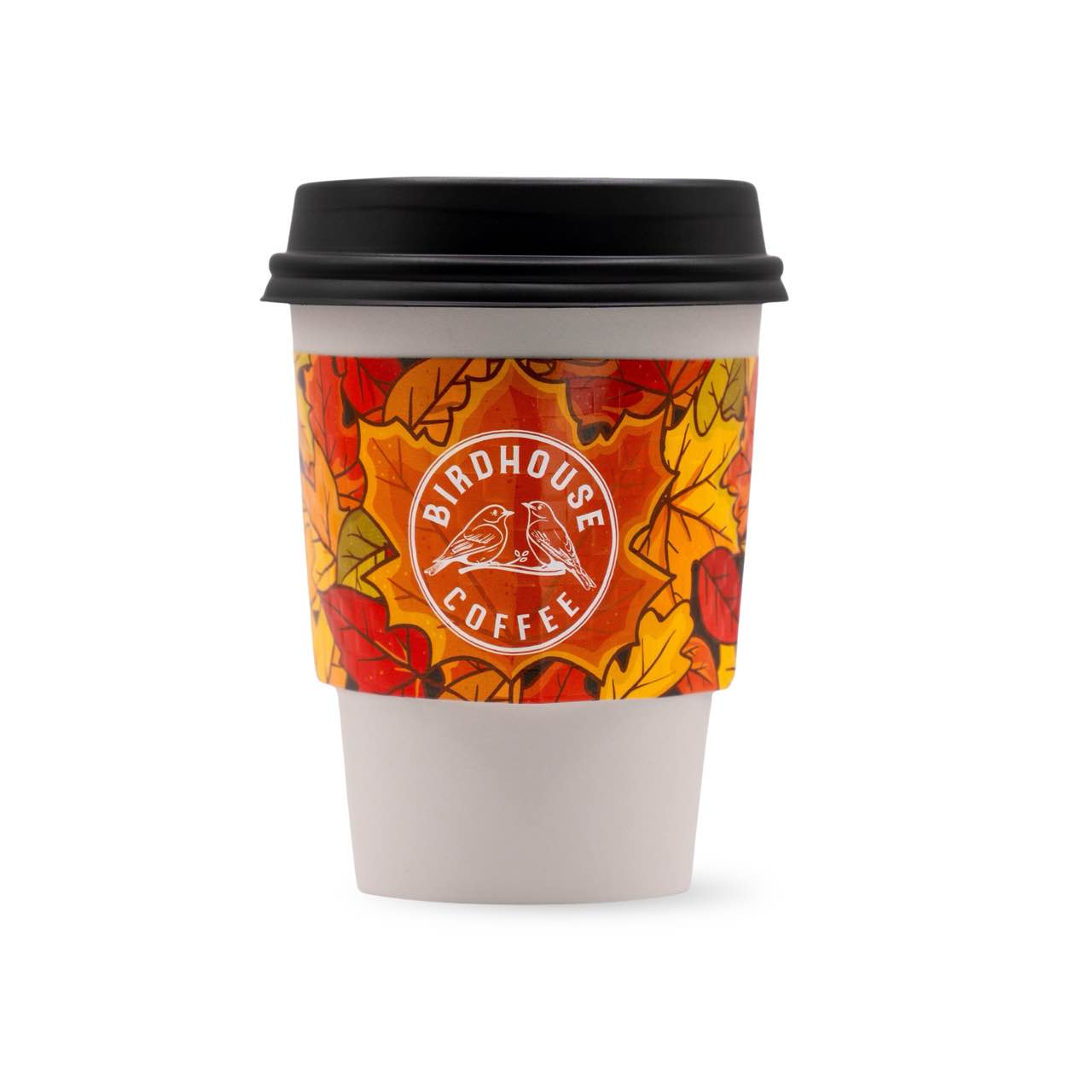 Custom coffee sleeve - Birdhouse Coffee blue design