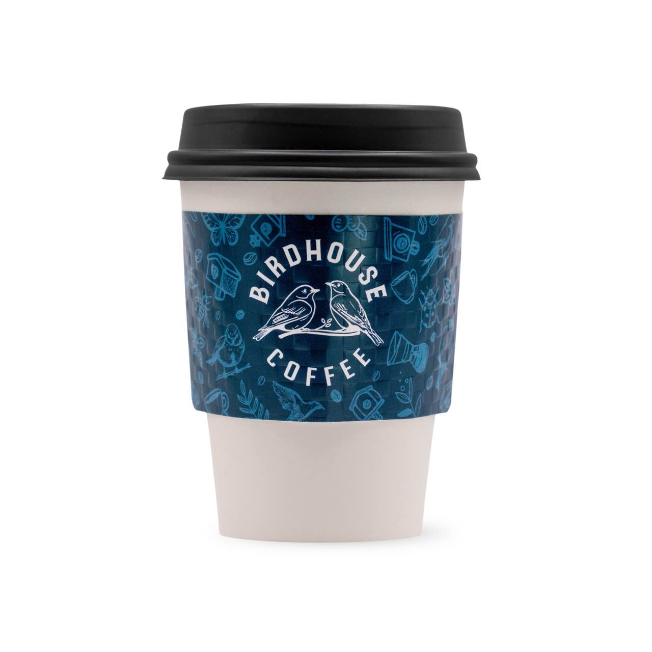 Custom printed coffee sleeve - Birdhouse Coffee fall design